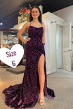 Stunning Purple Mermaid Sequin Prom Dress with Slit and Spaghetti Strap FD3499