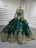 Sweep Train Gold Lace Ball Gown Wedding Dress 66949 VINIODRESS viniodress-Quinceanera Dresses-Viniodress-Emerald Green-Custom Size-Viniodress