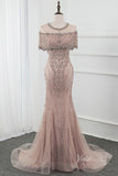 Taupe Beaded Sheath Prom Dresses Short Sleeve Evening Dress FD2476