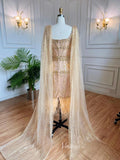 Tea Length Beaded Gold Feather Prom Dresses Cape Sleeve 20s Evening Dress 20058-prom dresses-Viniodress-Viniodress