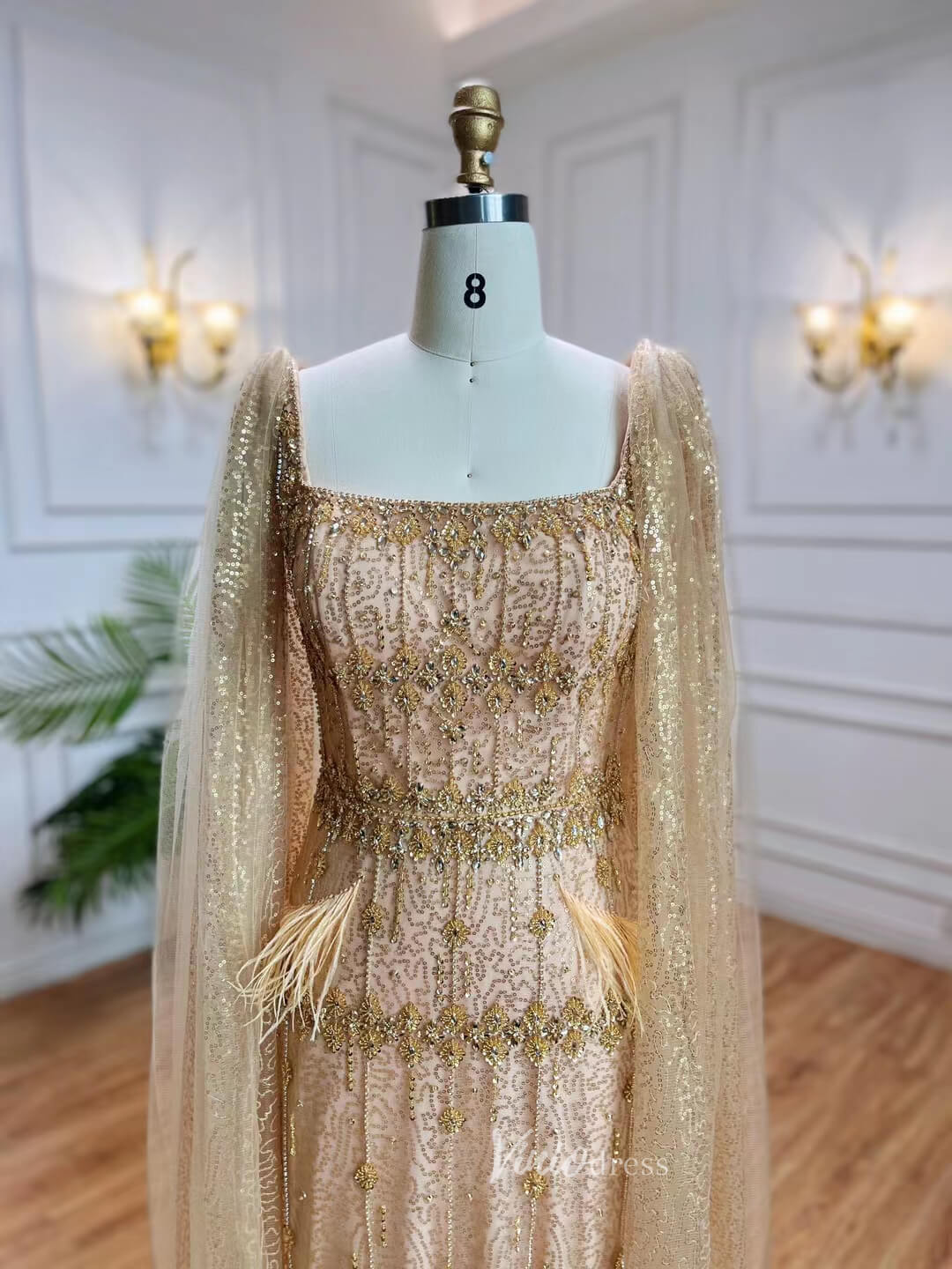 Tea Length Beaded Gold Feather Prom Dresses Cape Sleeve 20s Evening Dr