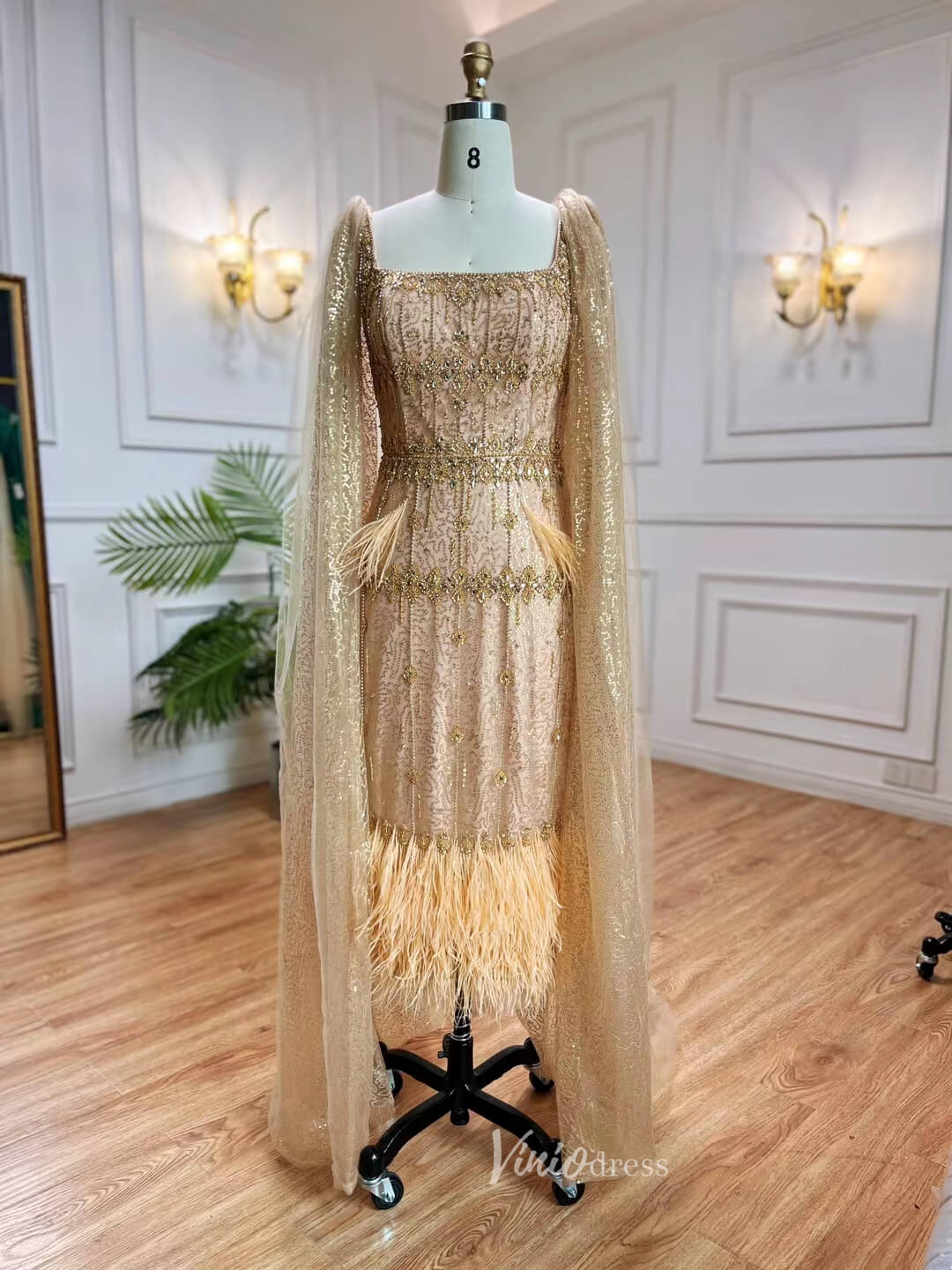 Tea Length Beaded Gold Feather Prom Dresses Cape Sleeve 20s Evening Dress 20058-prom dresses-Viniodress-Gold-US 2-Viniodress