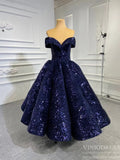 Tea Length Blue Prom Dress Off the Shoulder Formal Gown FD1304