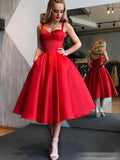 Tea Length Red 60s Party Dresses Simple Prom Dress with Pockets SD1167