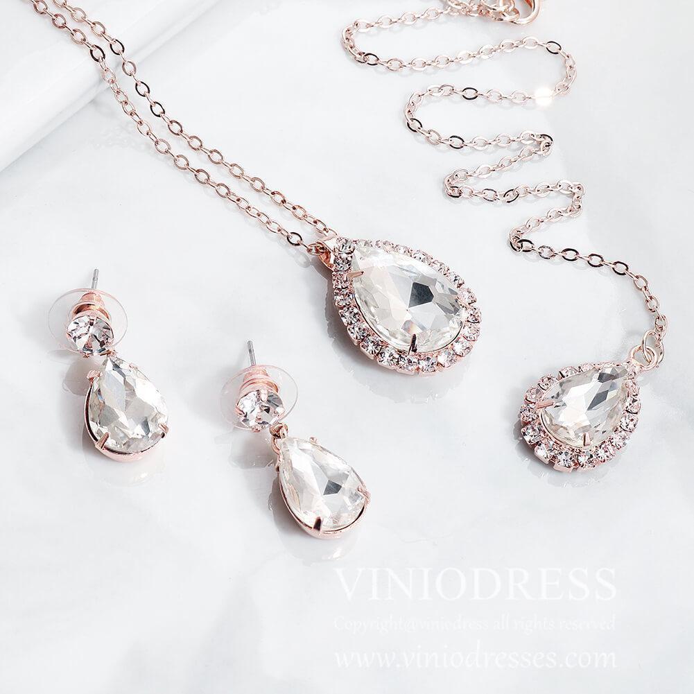 Teardrop Stone Backdrop Necklace & Earrings Set Viniodress AC1072-Bridal Jewelry-Viniodress-Viniodress