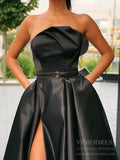 Thigh Split Strapless Black Satin Prom Dresses with Pockets FD2272-prom dresses-Viniodress-Viniodress