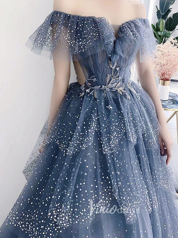Tiered Dusty Blue Tulle Prom Dresses Off the Shoulder Ball Gown FD2495B-prom dresses-Viniodress-Viniodress