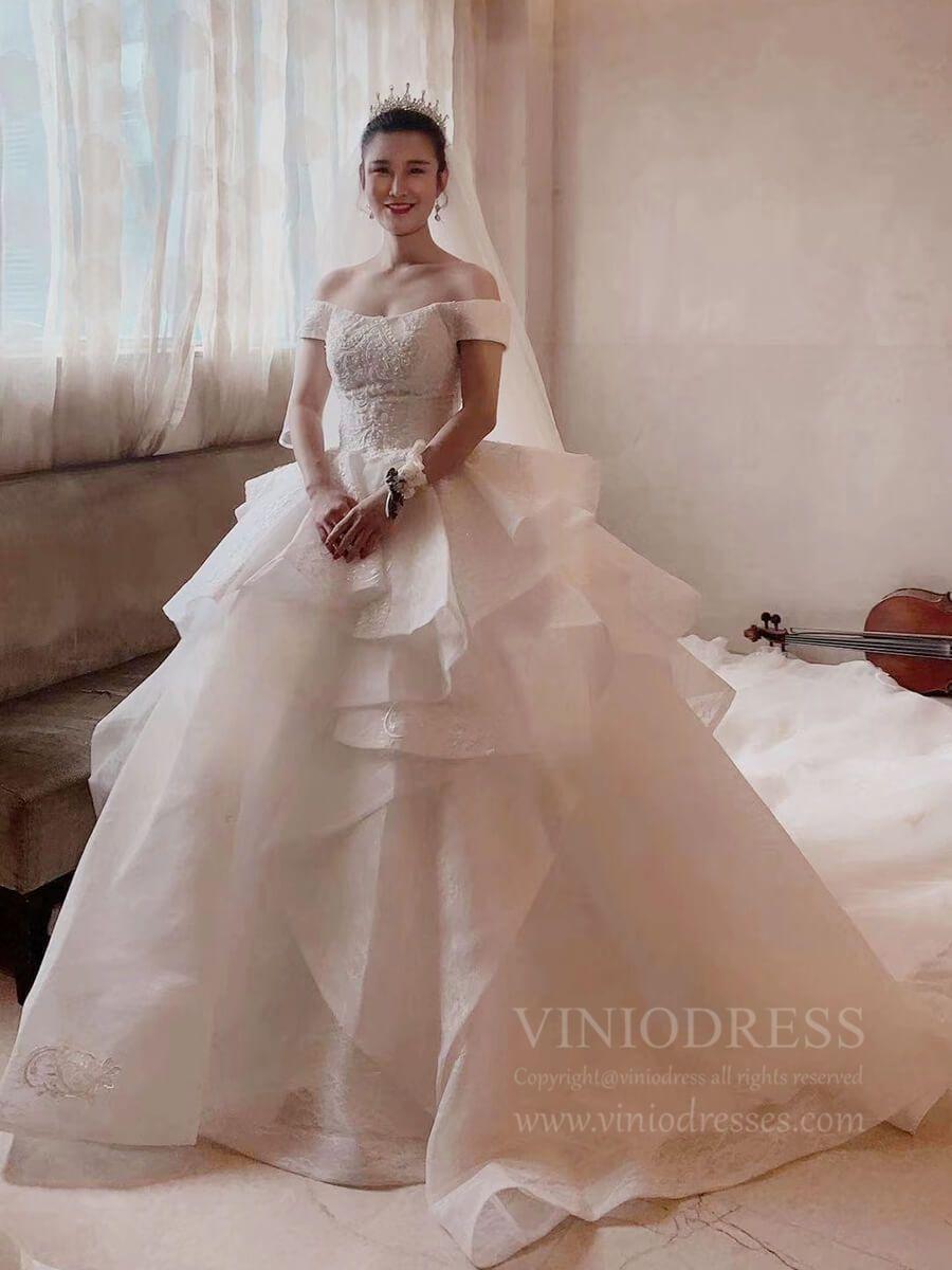 Tiered Lace Ball Gown Wedding Dresses Off Shoulder Bridal Gown VW1020-wedding dresses-Viniodress-Viniodress
