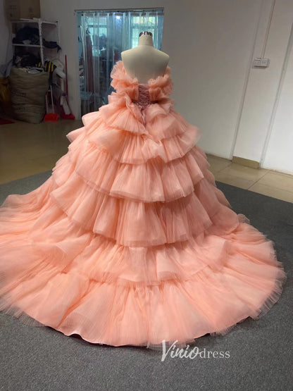 Tiered Peach Ball Gown Wedding Dresses Princess Sweet 16 Dress Debut Gown 222140-Quinceanera Dresses 2025 -Viniodress-Peach-Custom Size-