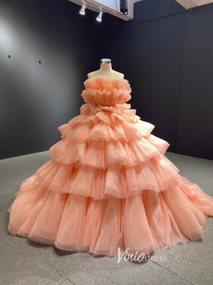Tiered Peach Ball Gown Wedding Dresses Princess Sweet 16 Dress Debut Gown 222140-Quinceanera Dresses 2025 -Viniodress-Peach-Custom Size-