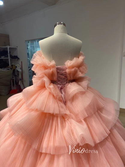 Tiered Peach Ball Gown Wedding Dresses Princess Sweet 16 Dress Debut Gown 222140-Quinceanera Dresses 2025 -Viniodress-Peach-Custom Size-