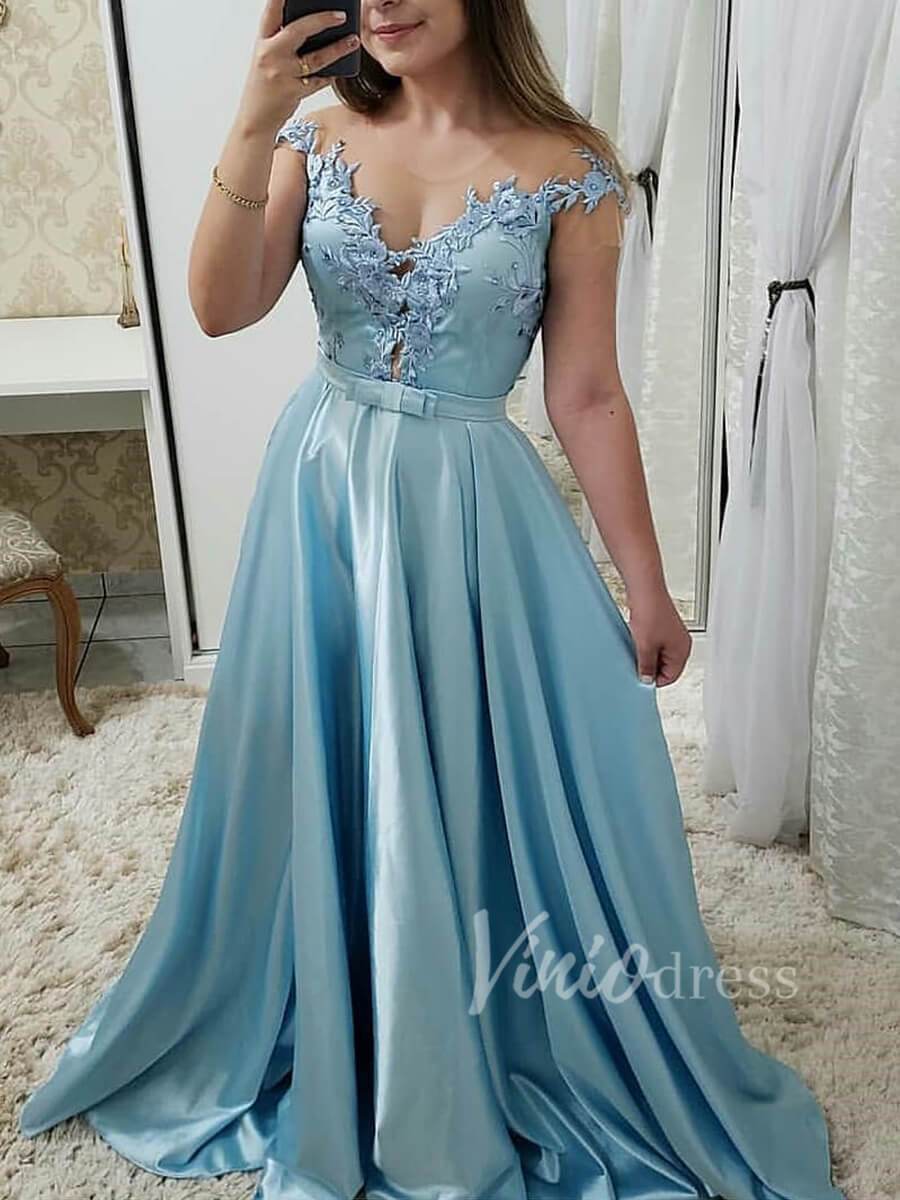 Tiffany Blue Satin Prom Dresses Cap Sleeve Wedding Guest Dress FD1575-prom dresses-Viniodress-As Picture-Custom Size-Viniodress