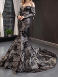 Unique Long Sleeve Black Mermaid Prom Dresses FD1473 viniodress
