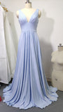 V Neck A-line Light Blue Long Bridesmaid Dresses with Slit VB1027-bridesmaid dresses-Viniodress-Viniodress