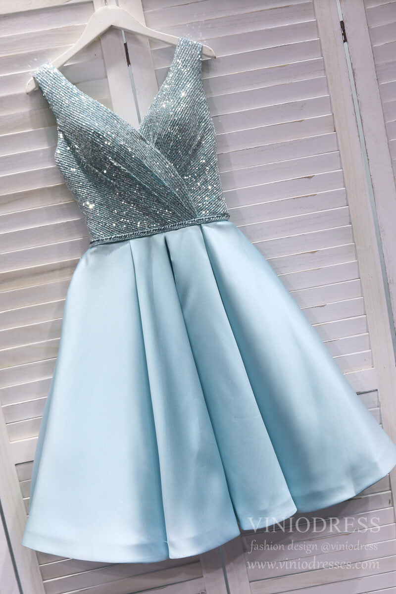 V-neck Baby Blue Homecoming Dresses with Pockets SD1400-homecoming dresses-Viniodress-Light Blue-Custom Size-Viniodress