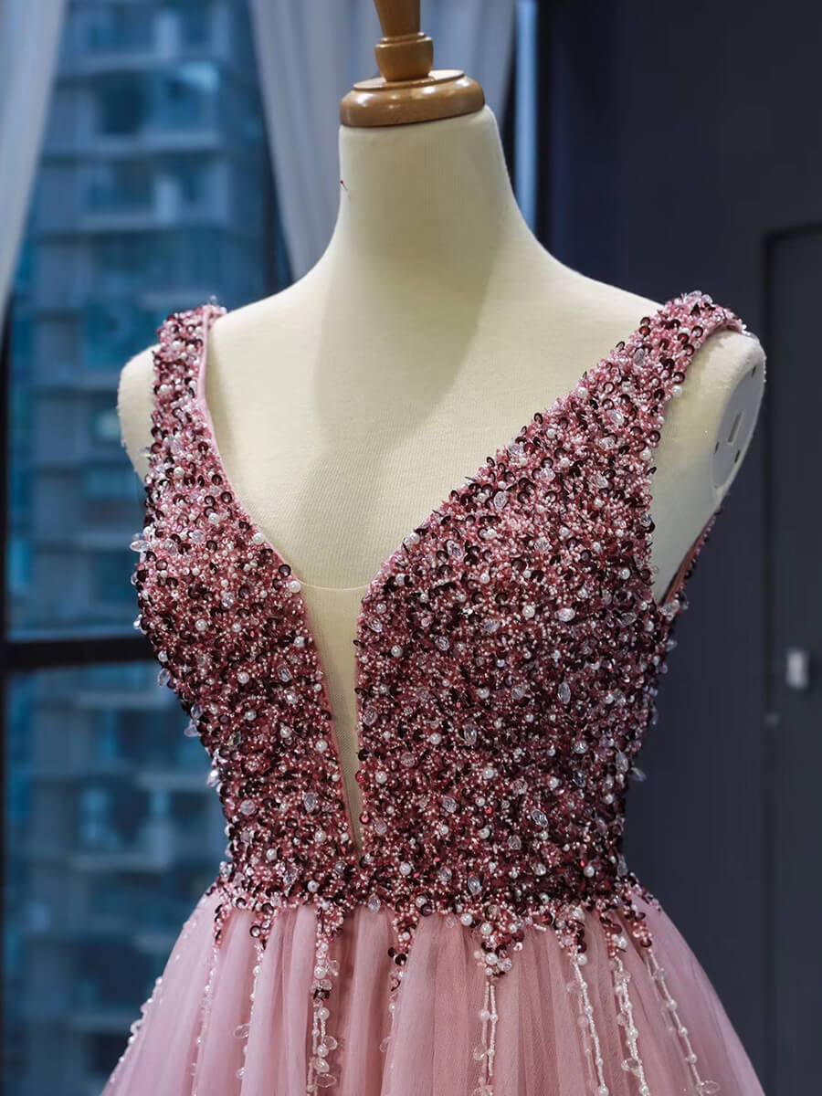 V Neck Beaded Long Prom Dresses Pink Tulle Formal Dress FD1248-prom dresses-Viniodress-Viniodress