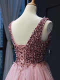 V Neck Beaded Long Prom Dresses Pink Tulle Formal Dress FD1248-prom dresses-Viniodress-Viniodress