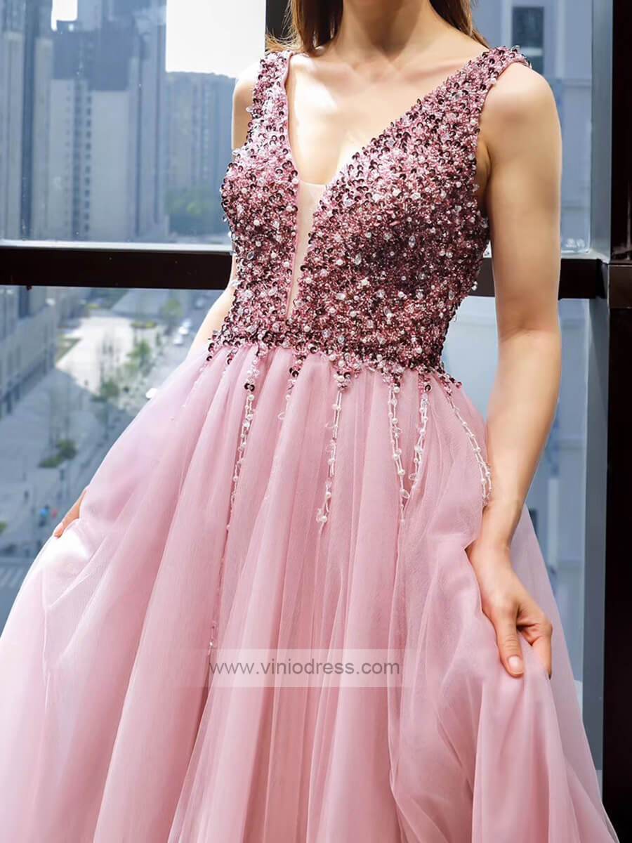 V Neck Beaded Long Prom Dresses Pink Tulle Formal Dress FD1248-prom dresses-Viniodress-Viniodress