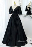 V-neck Black Long Prom Dress with Bow in Back Puff Sleeve Formal Dresses-prom dresses-Viniodress-Viniodress