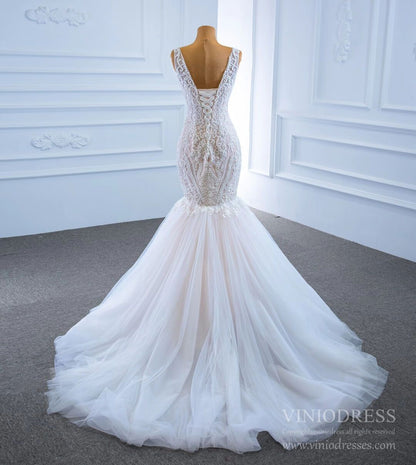 V-neck Blush Mermaid Wedding Dresses Beaded Lace Bridal Dress VW1779-wedding dresses 2025 -Viniodress-As Picture-Custom Size-
