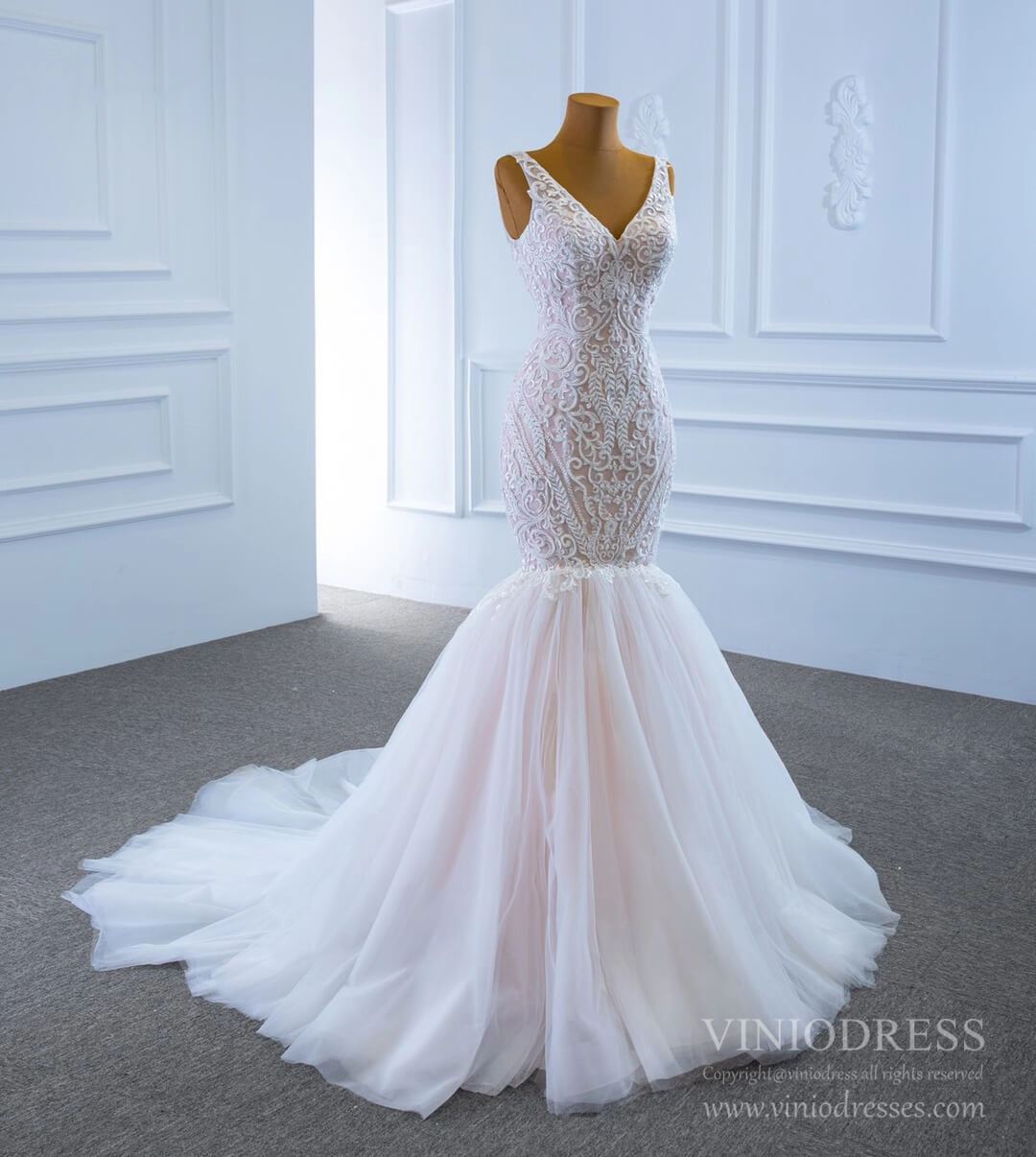 V-neck Blush Mermaid Wedding Dresses Beaded Lace Bridal Dress VW1779-wedding dresses 2025 -Viniodress-As Picture-Custom Size-