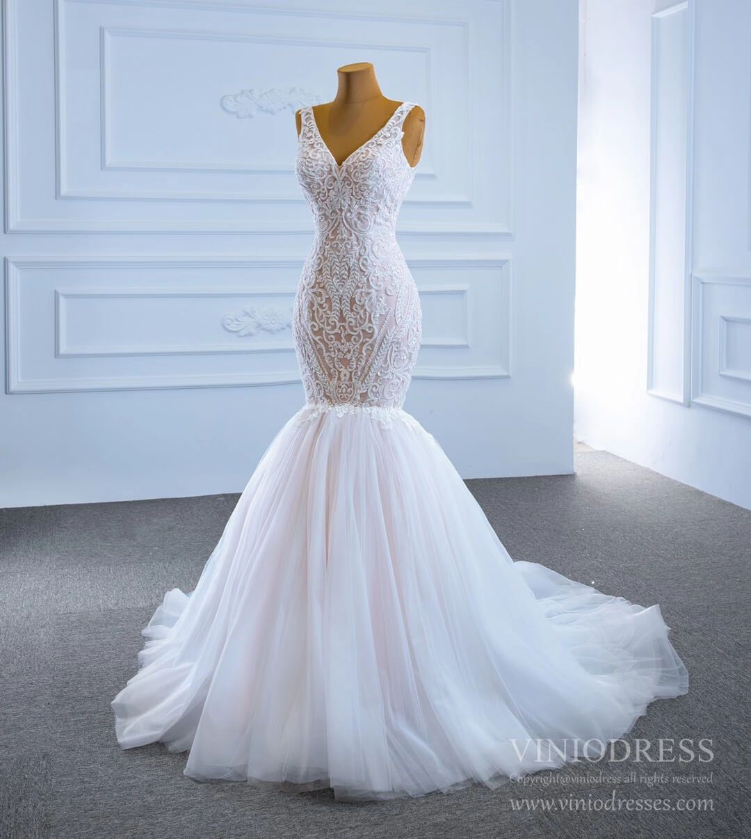 V-neck Blush Mermaid Wedding Dresses Beaded Lace Bridal Dress VW1779-wedding dresses 2025 -Viniodress-As Picture-Custom Size-