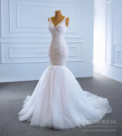V-neck Blush Mermaid Wedding Dresses Beaded Lace Bridal Dress VW1779-wedding dresses 2025 -Viniodress-As Picture-Custom Size-