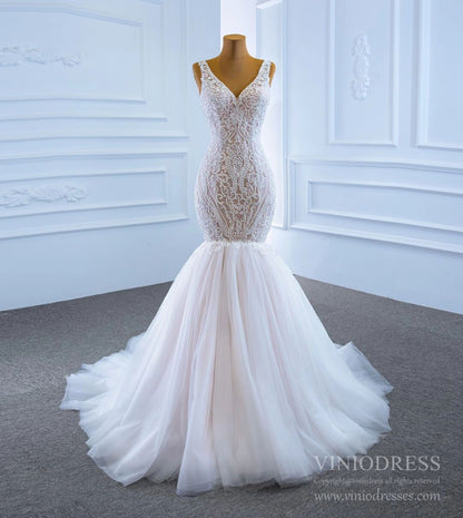 V-neck Blush Mermaid Wedding Dresses Beaded Lace Bridal Dress VW1779-wedding dresses 2025 -Viniodress-As Picture-Custom Size-
