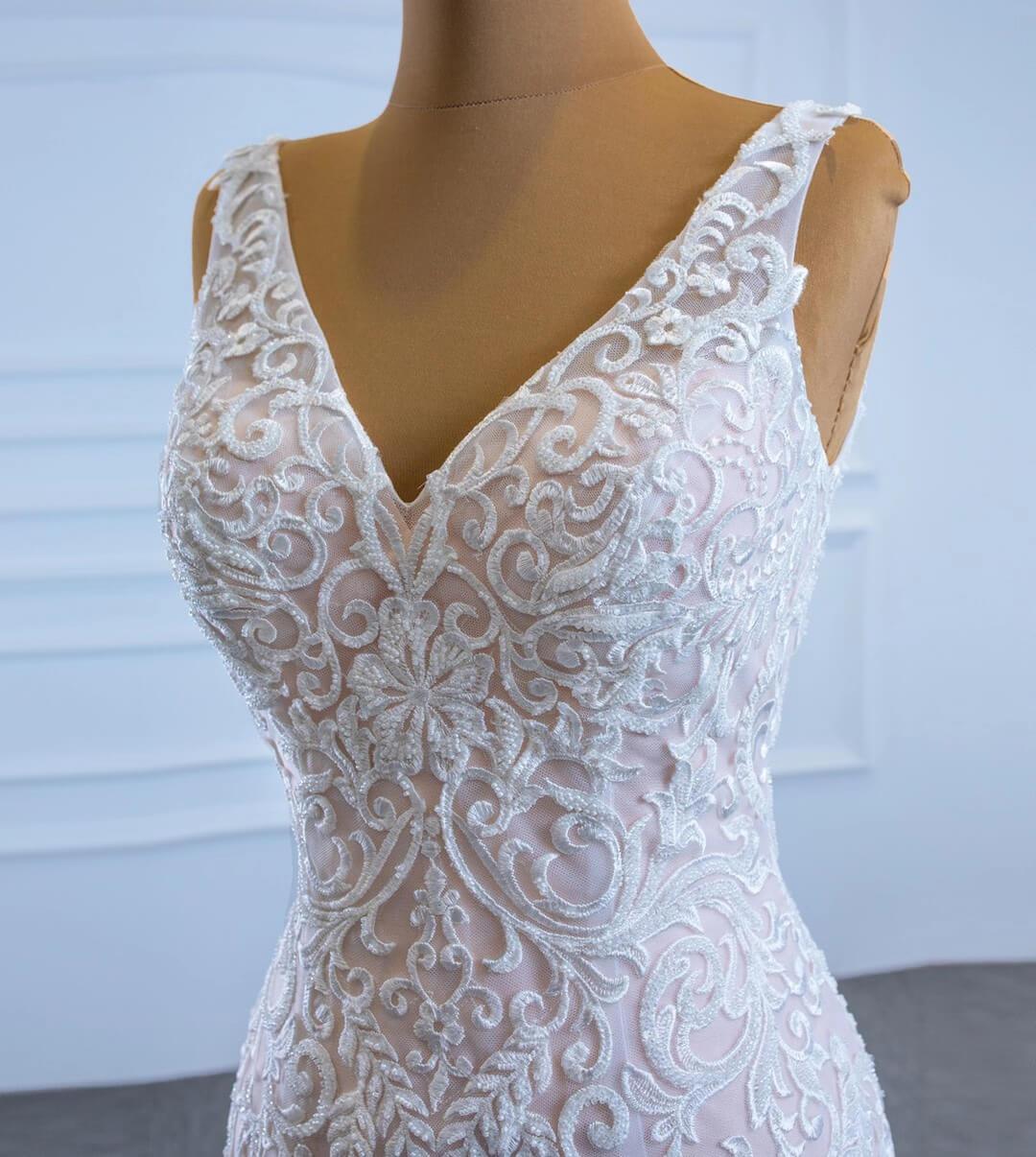 V-neck Blush Mermaid Wedding Dresses Beaded Lace Bridal Dress VW1779-wedding dresses 2025 -Viniodress-As Picture-Custom Size-