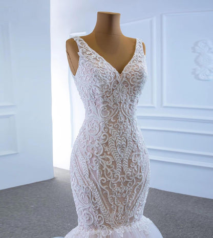 V-neck Blush Mermaid Wedding Dresses Beaded Lace Bridal Dress VW1779-wedding dresses 2025 -Viniodress-As Picture-Custom Size-
