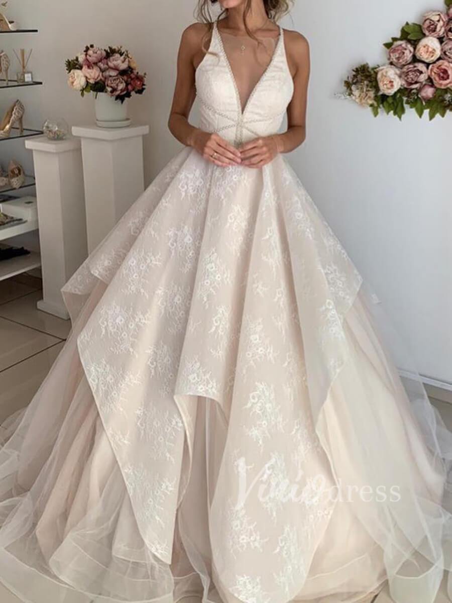 V Neck Champagne Lace Wedding Dresses Open Back VW1269-wedding dresses-Viniodress-Viniodress
