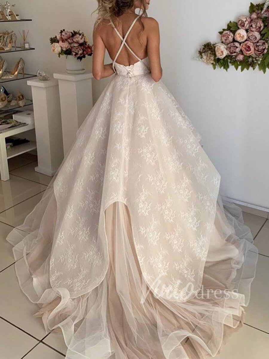 V Neck Champagne Lace Wedding Dresses Open Back VW1269-wedding dresses-Viniodress-Viniodress