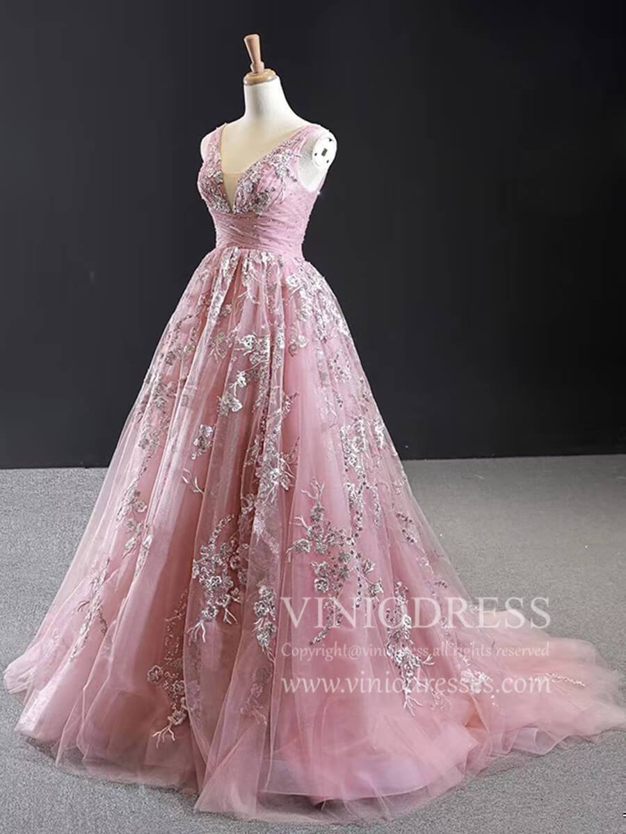 V Neck Dusty Rose Prom Dresses Beaded Lace Ball Gowns FD1769-prom dresses-Viniodress-Viniodress