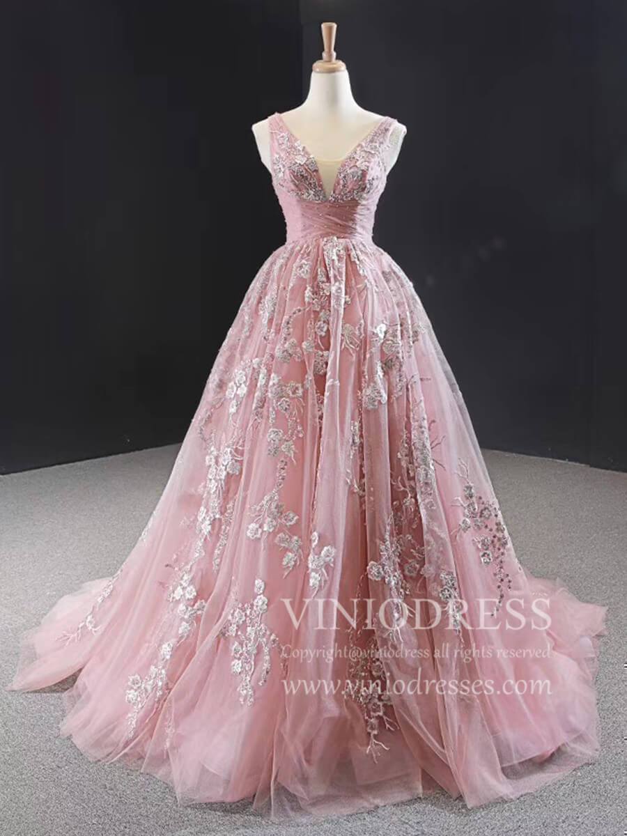 V Neck Dusty Rose Prom Dresses Beaded Lace Ball Gowns FD1769-prom dresses-Viniodress-As Picture-Custom Size-Viniodress