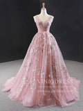 V Neck Dusty Rose Prom Dresses Beaded Lace Ball Gowns FD1769