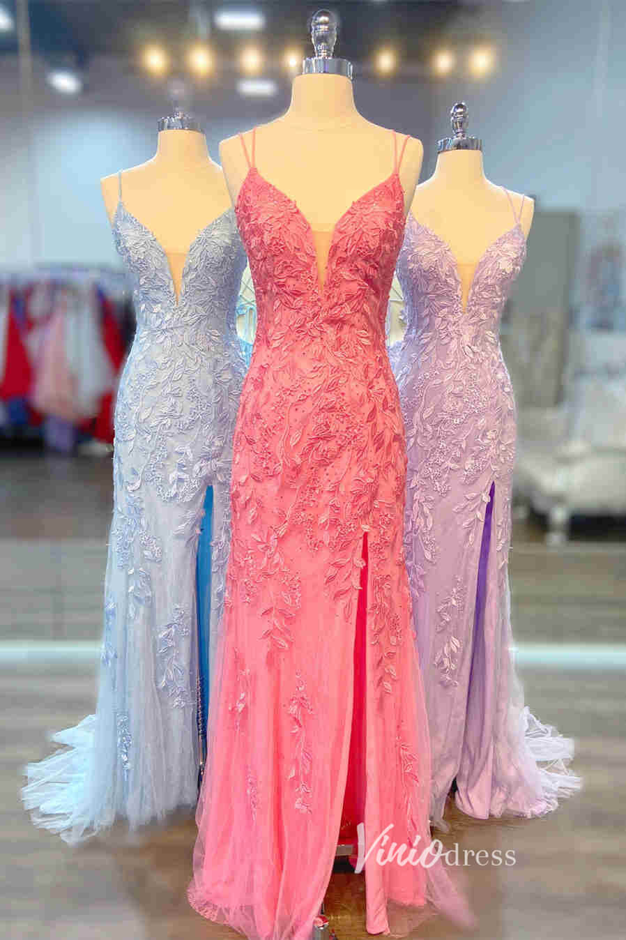 V-neck Lace Appliqued Sheath Prom Dresses with Slit FD1250J-prom dresses-Viniodress-Viniodress