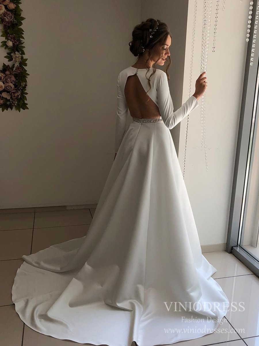 V-neck Open Back Long Sleeve Satin Wedding Dresses with Pockets VW1832-wedding dresses-Viniodress-Viniodress