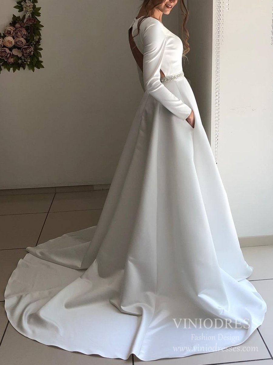 V-neck Open Back Long Sleeve Satin Wedding Dresses with Pockets VW1832-wedding dresses-Viniodress-Viniodress