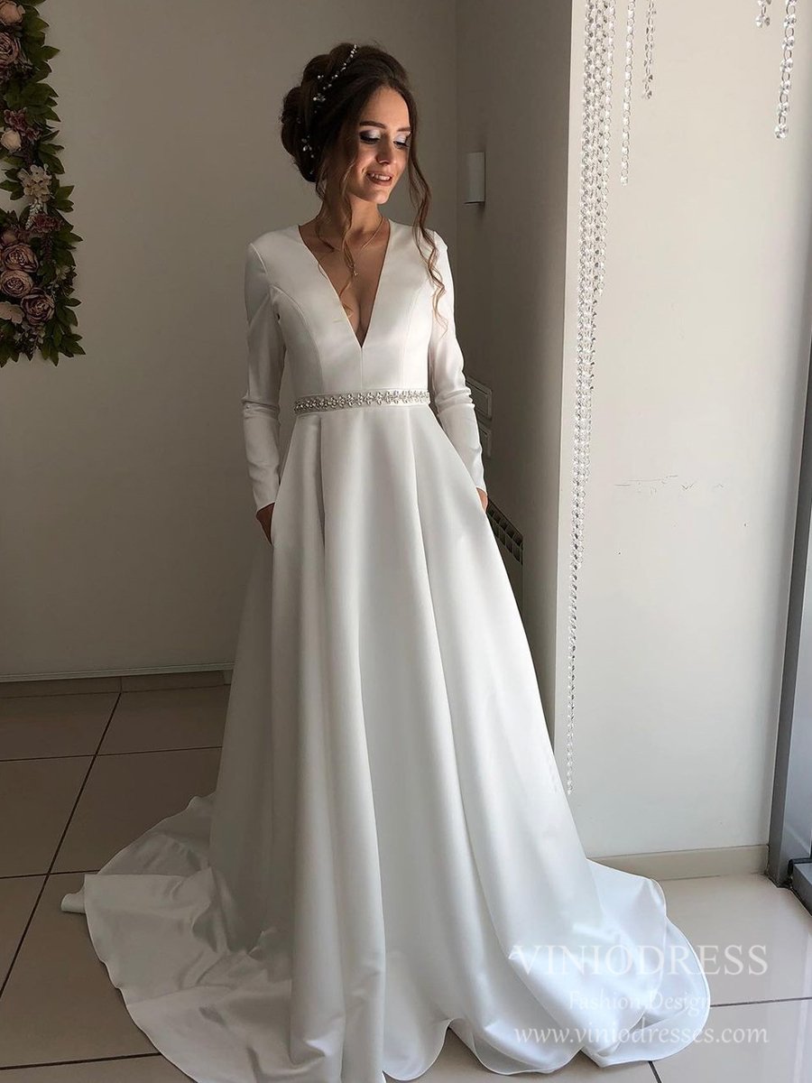 V-neck Open Back Long Sleeve Satin Wedding Dresses with Pockets VW1832-wedding dresses-Viniodress-Viniodress