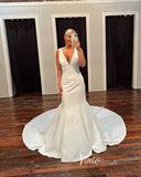 V-neck Satin Mermaid Wedding Dresses Simple Modern Bridal Gown VW2186