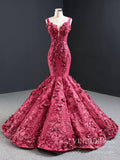 Vintage 3D Flower Mermaid Prom Dresses Burgundy Wedding Dress FD2399 viniodress