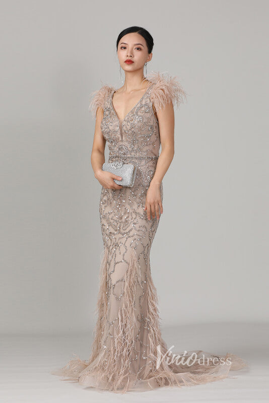 Vintage Beaded Feather Prom Dress Sheath V-neck Taupe Evening Dress FD2786-prom dresses-Viniodress-Viniodress
