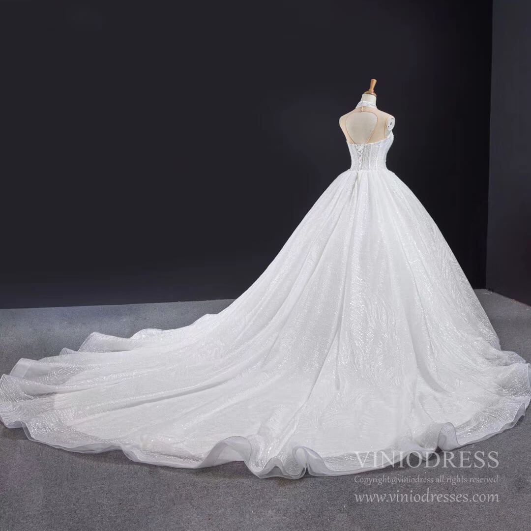 Vintage Beaded High Neck Ball Gown Wedding Dresses Cathedral Train 67062-wedding dresses 2025 -Viniodress-Ivory-Custom Size-
