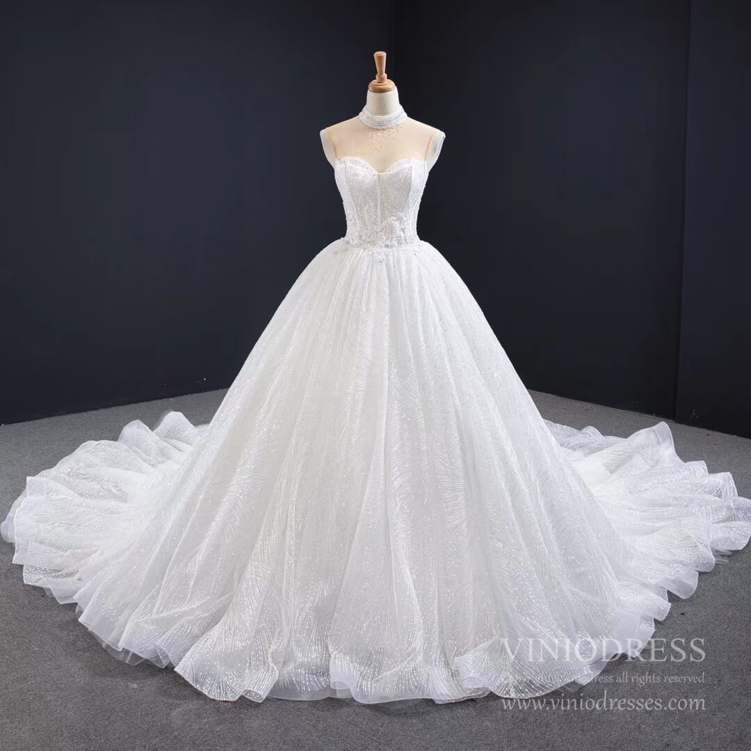 Vintage Beaded High Neck Ball Gown Wedding Dresses Cathedral Train 67062-wedding dresses 2025 -Viniodress-Ivory-Custom Size-