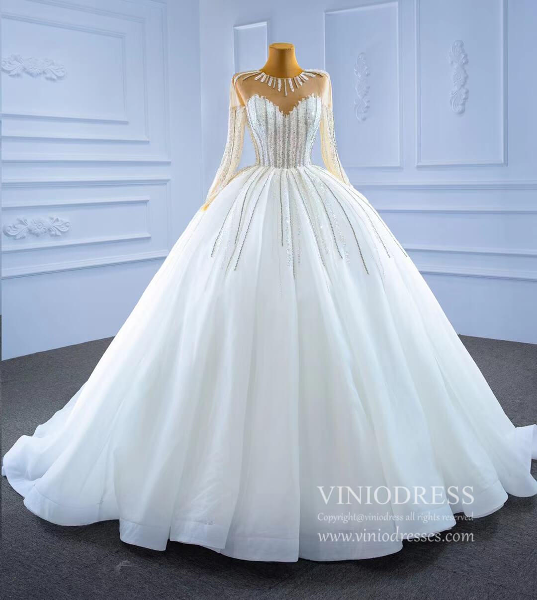 Vintage Beaded Long Sleeve Wedding Gown VW2038-wedding dresses-Viniodress-Viniodress