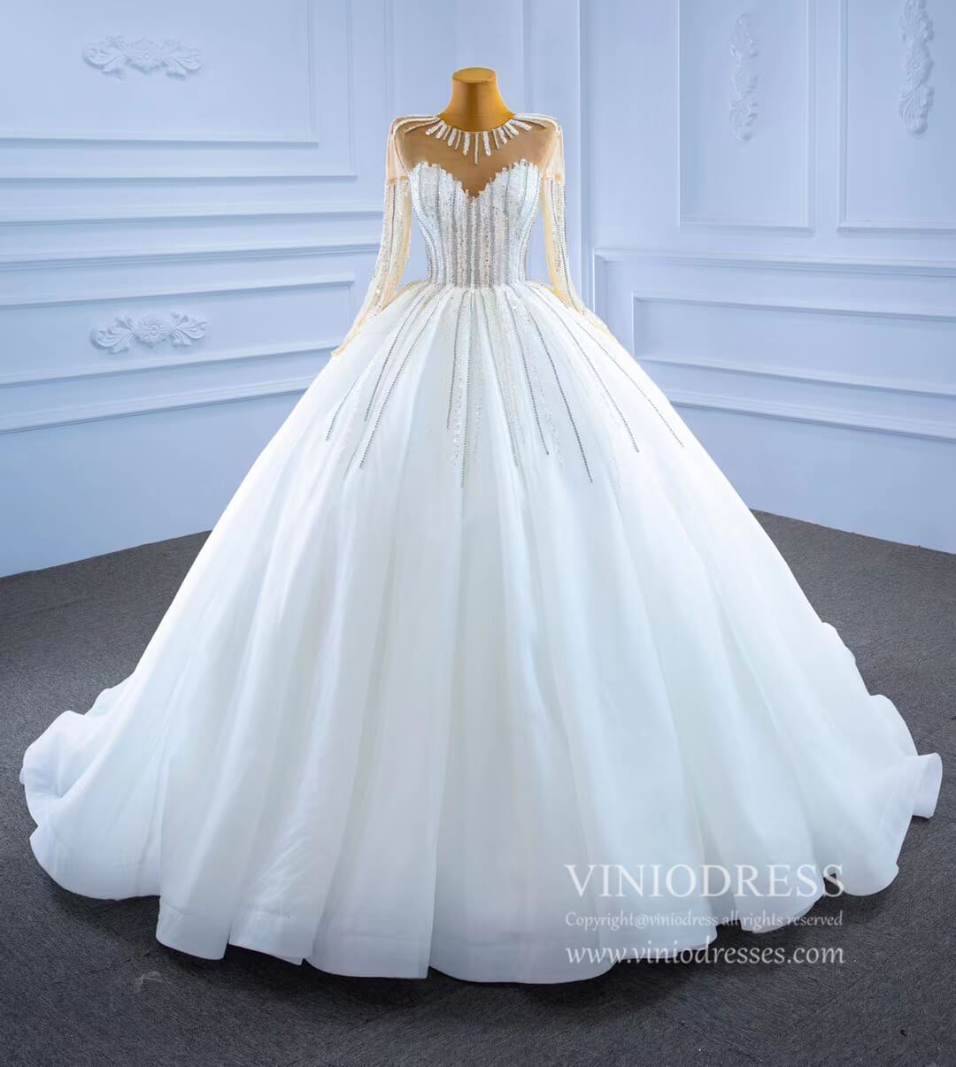 Vintage Beaded Long Sleeve Wedding Gown VW2038-wedding dresses-Viniodress-Viniodress