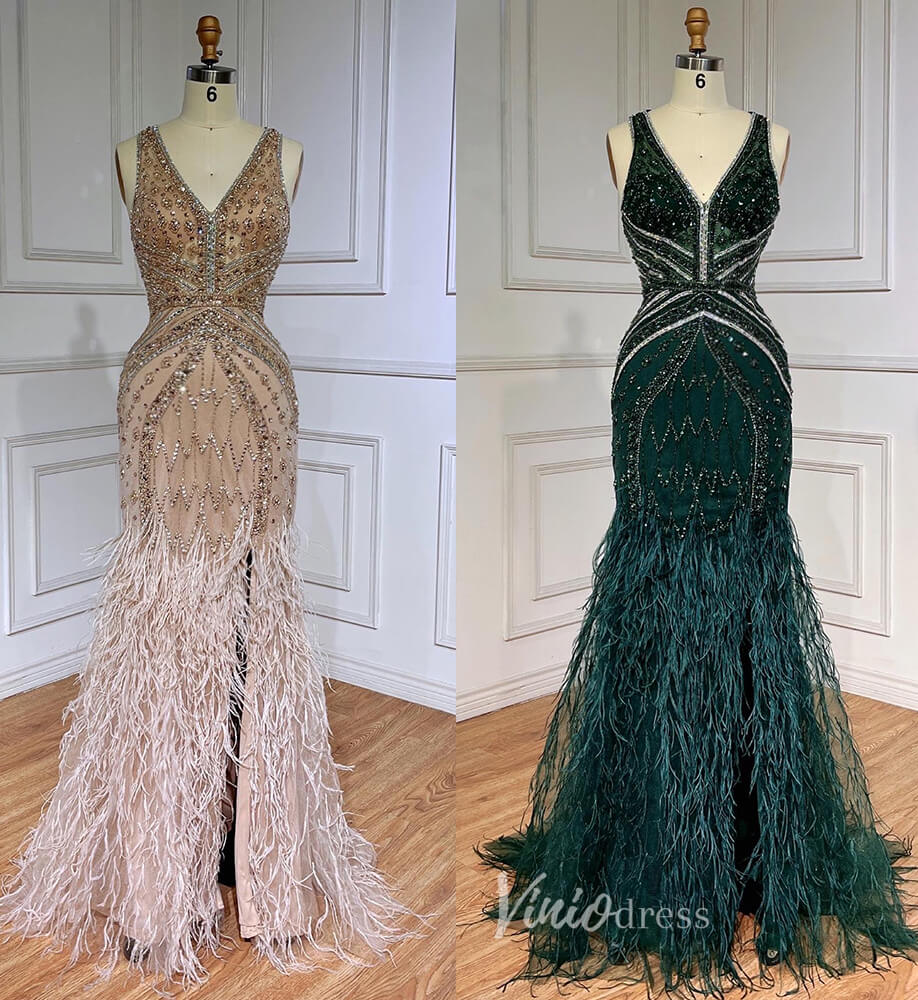 Vintage Beaded Mermaid Feather Prom Dresses 1920s Evening Dress 20065-prom dresses-Viniodress-As Picture-US 2-Viniodress