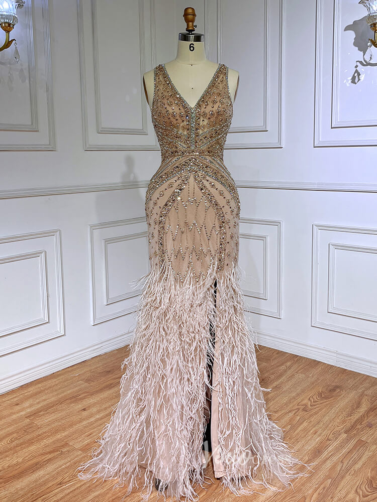 Vintage Beaded Mermaid Feather Prom Dresses 1920s Evening Dress 20065-prom dresses-Viniodress-Gold-US 2-Viniodress