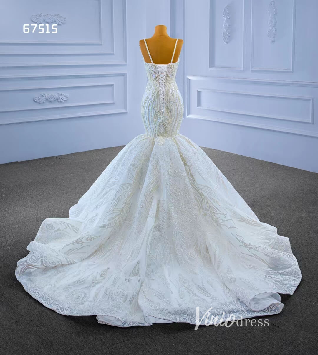 Vintage Beaded Mermaid Wedding Dresses Spaghetti Strap 67515-wedding dresses 2025 -Viniodress-Ivory-Custom Size-