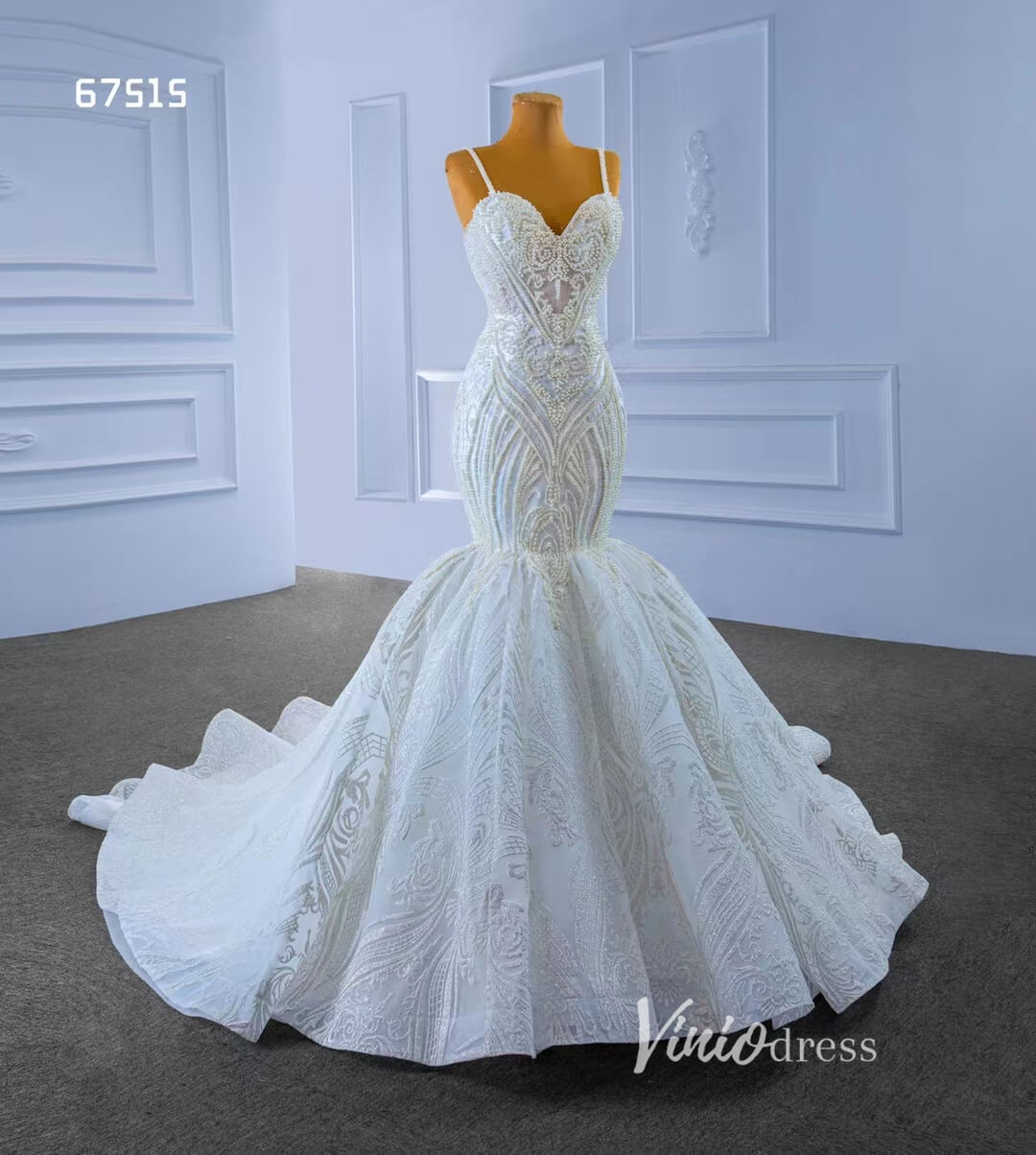 Vintage Beaded Mermaid Wedding Dresses Spaghetti Strap 67515-wedding dresses 2025 -Viniodress-Ivory-Custom Size-